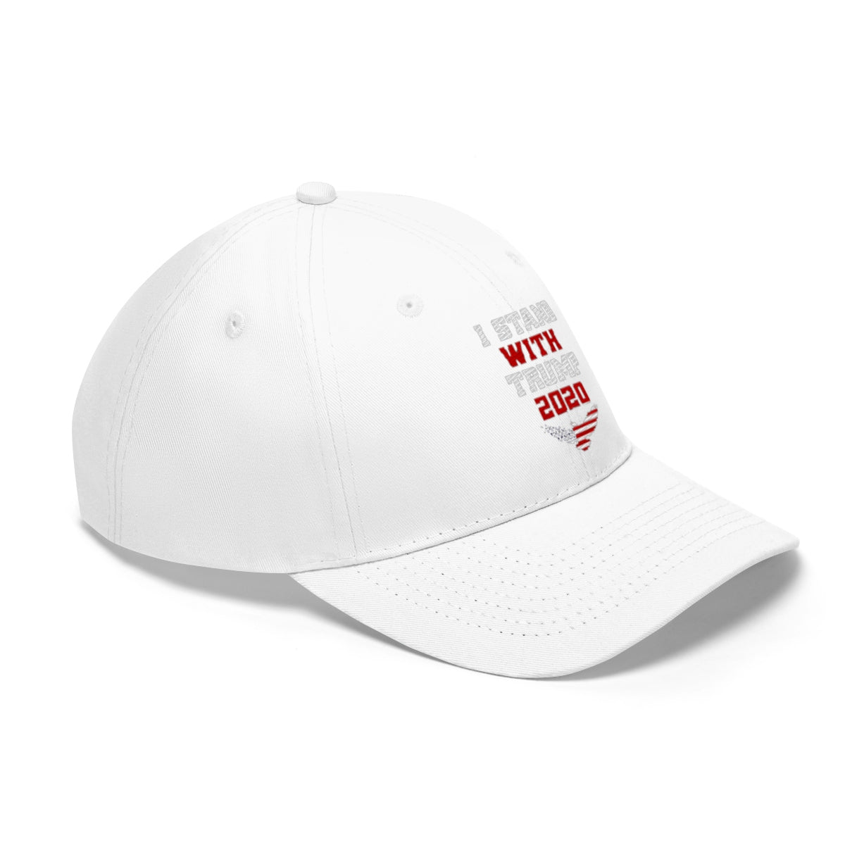 I Stand With Trump 2020 Twill Cap displayed on a white background, featuring bold campaign messaging.