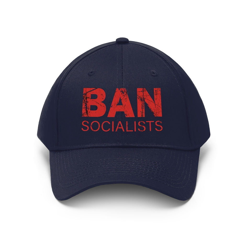 Ban Socialists Twill Cap Bold Message Graphic Cap featuring bold red text on a navy background.