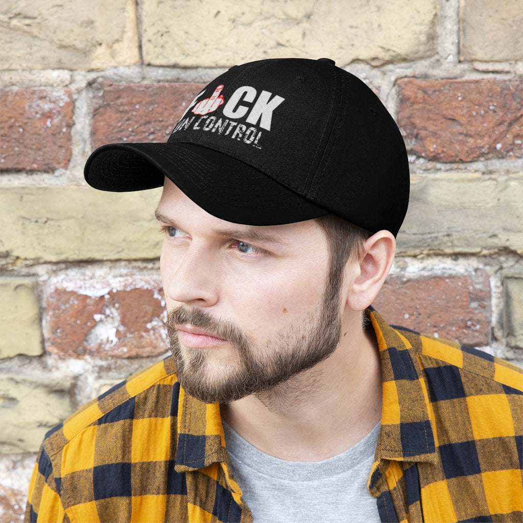Man wearing a Fuck Gun Control Red Finger Twill Baseball Cap, showcasing a bold Second Amendment statement.