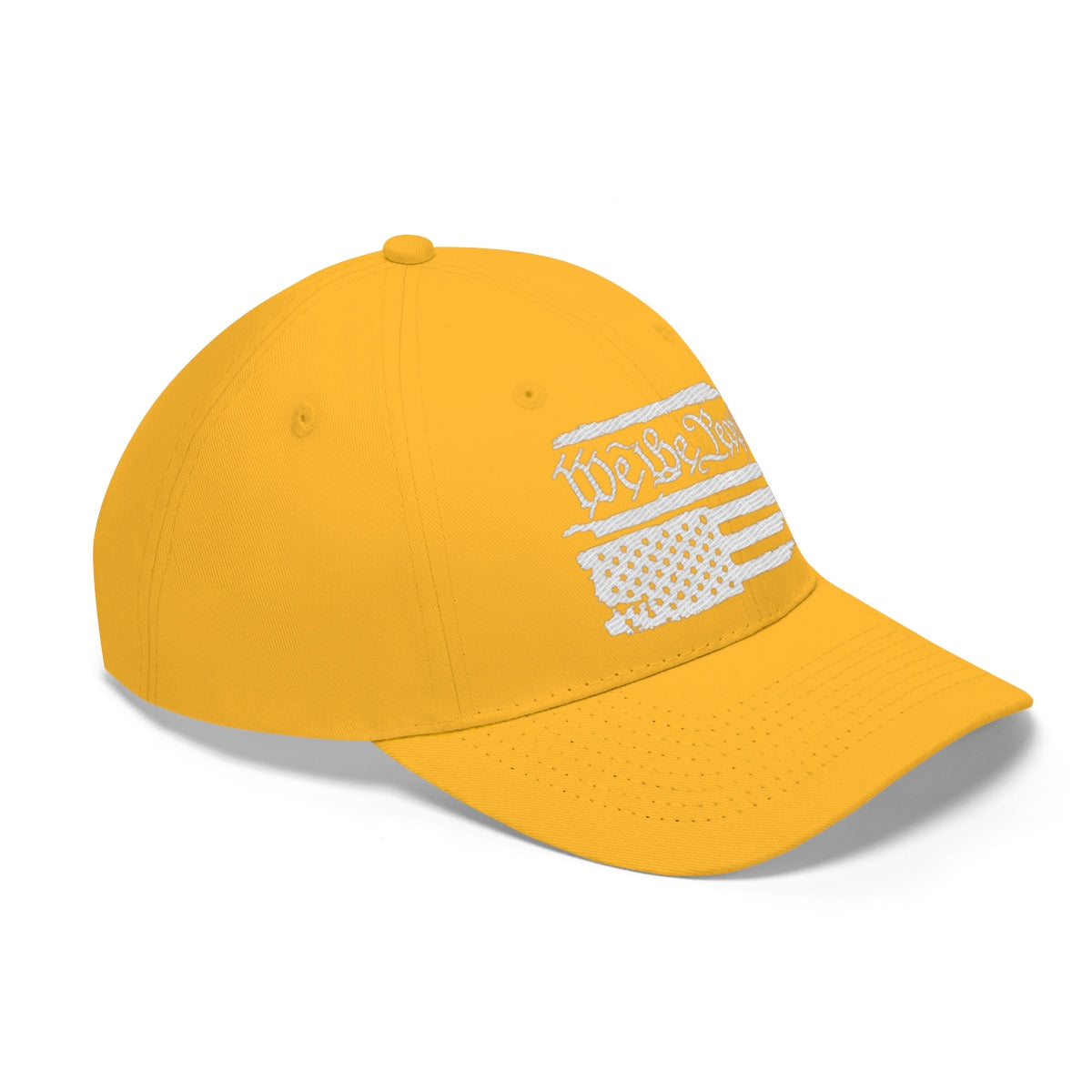 We The People On Distressed American Flag Twill Cap showcasing a yellow dad hat with an American flag design.