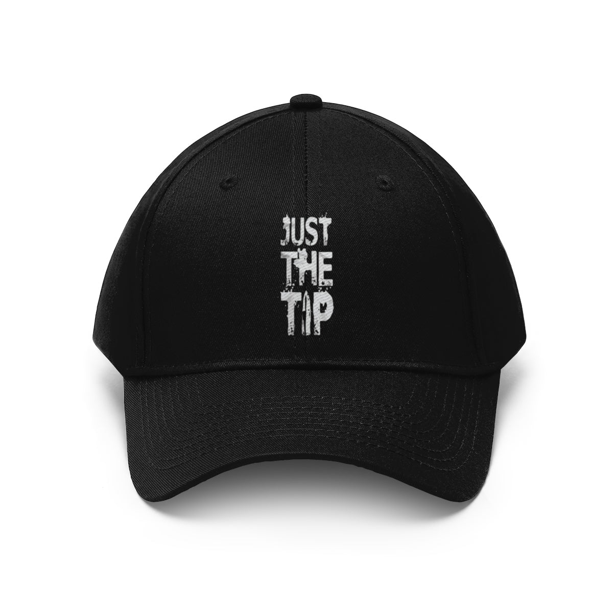 Just The Tip Funny Quote Twill Baseball Cap in black with provocative text design.