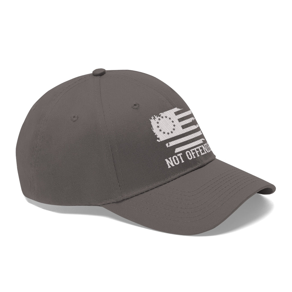 Embroidered Not Offended Adjustable Twill Cap featuring a bold graphic design on a sleek gray baseball cap.