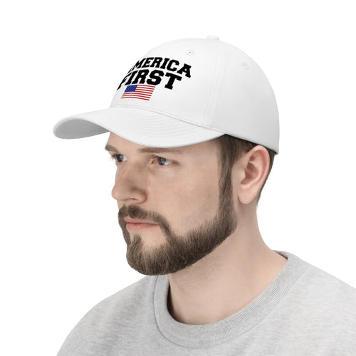 America First Patriotic Twill Cap displayed on a man wearing a gray sweatshirt, showcasing his patriotic style.
