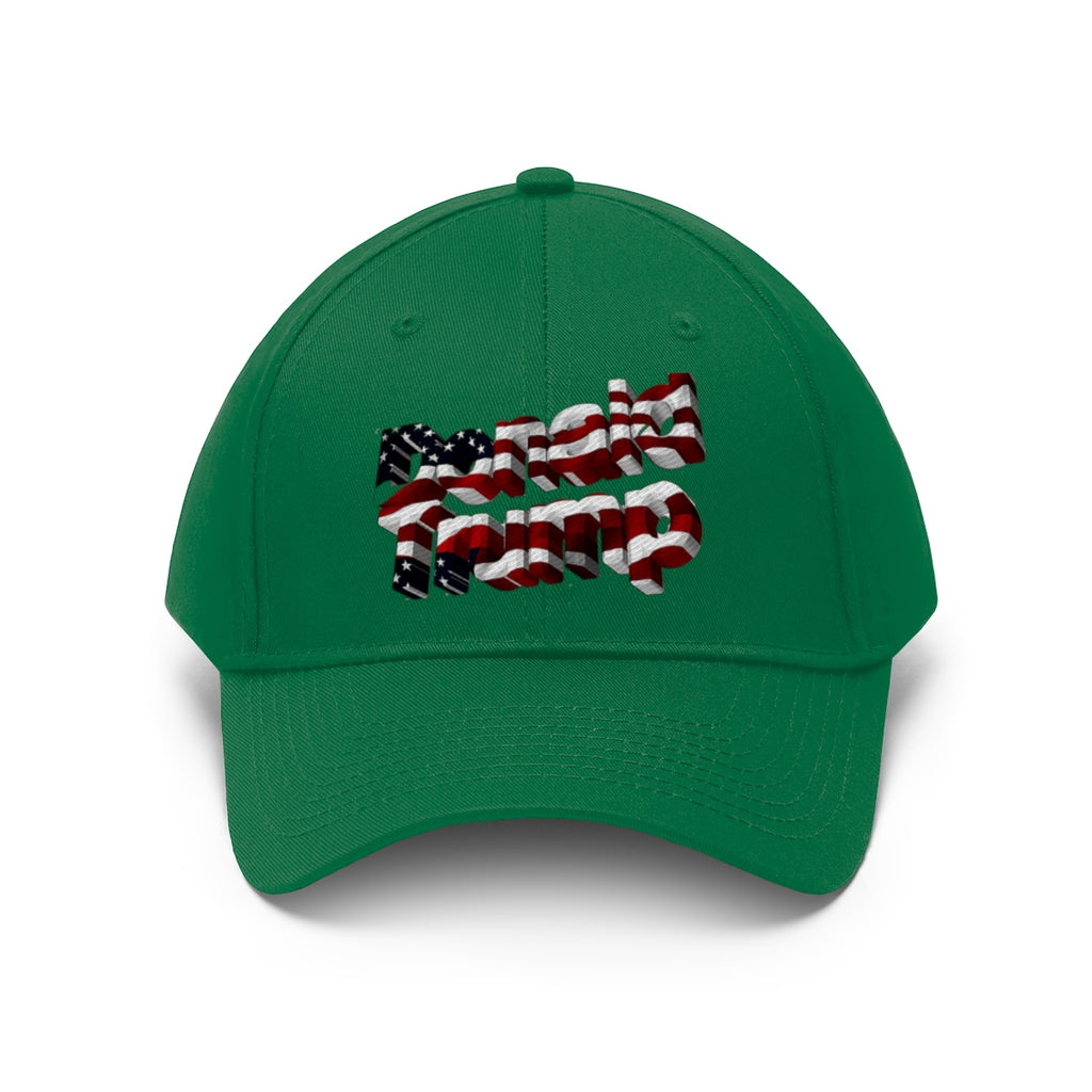 Donald Trump With American Flag Colors Twill Cap featuring patriotic design on a green base.