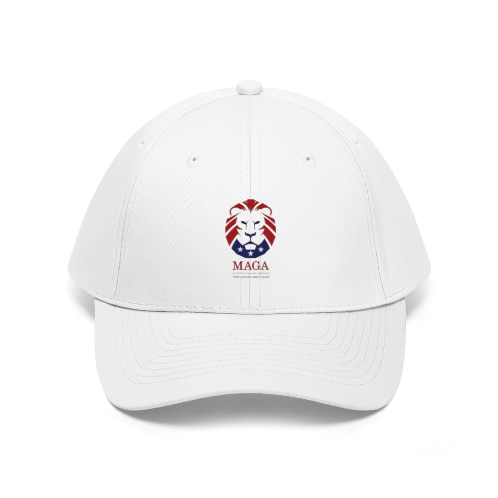MAGA Lion Embroidered Cotton Twill Cap Design in white with a lion graphic and MAGA text.