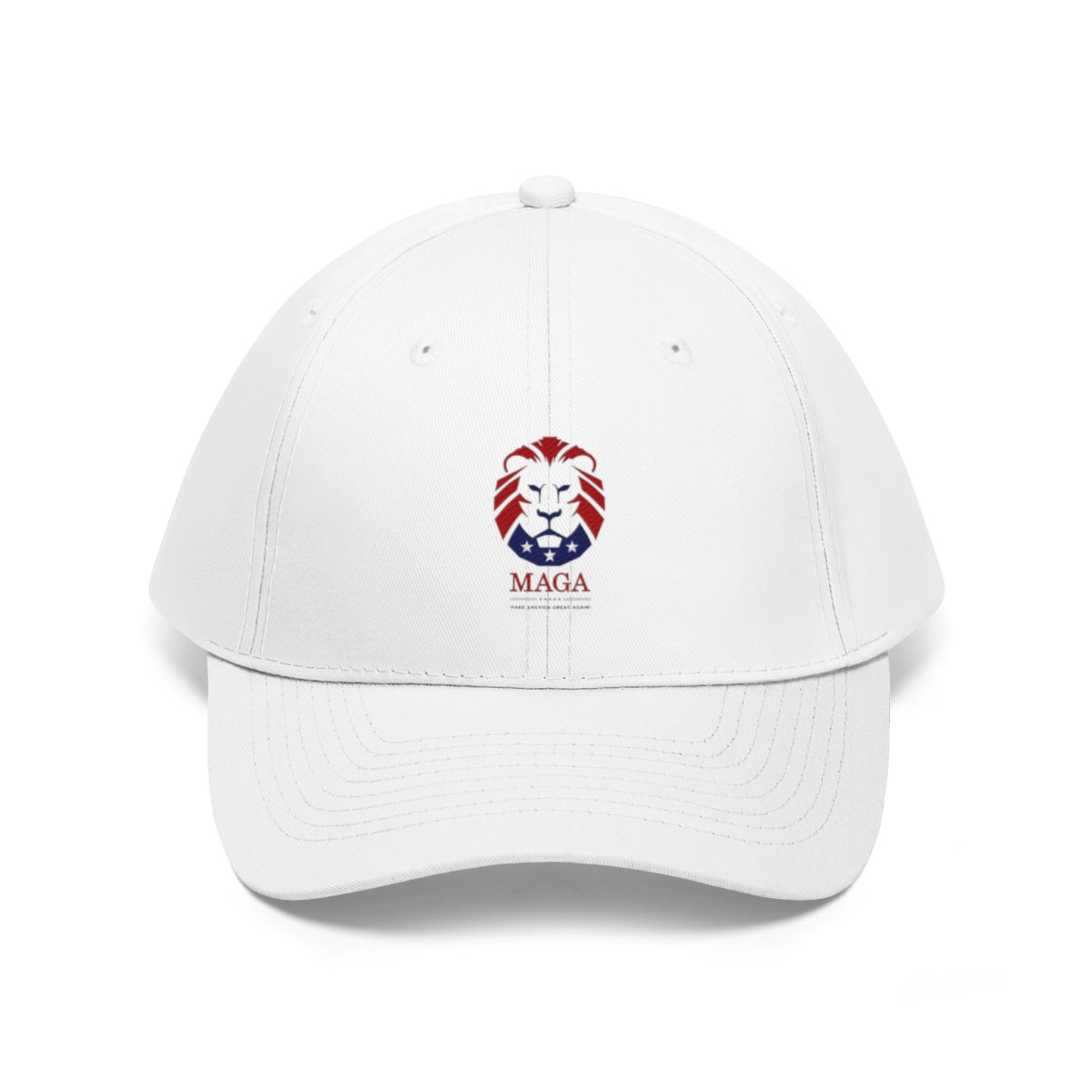 MAGA Lion Embroidered Cotton Twill Cap Design in white with a lion graphic and MAGA text.