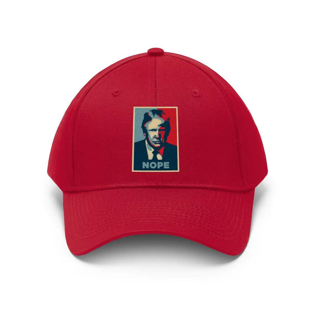 Vintage Nope Baseball Cap Inspired by Trump showcasing a bold political statement on a red background.
