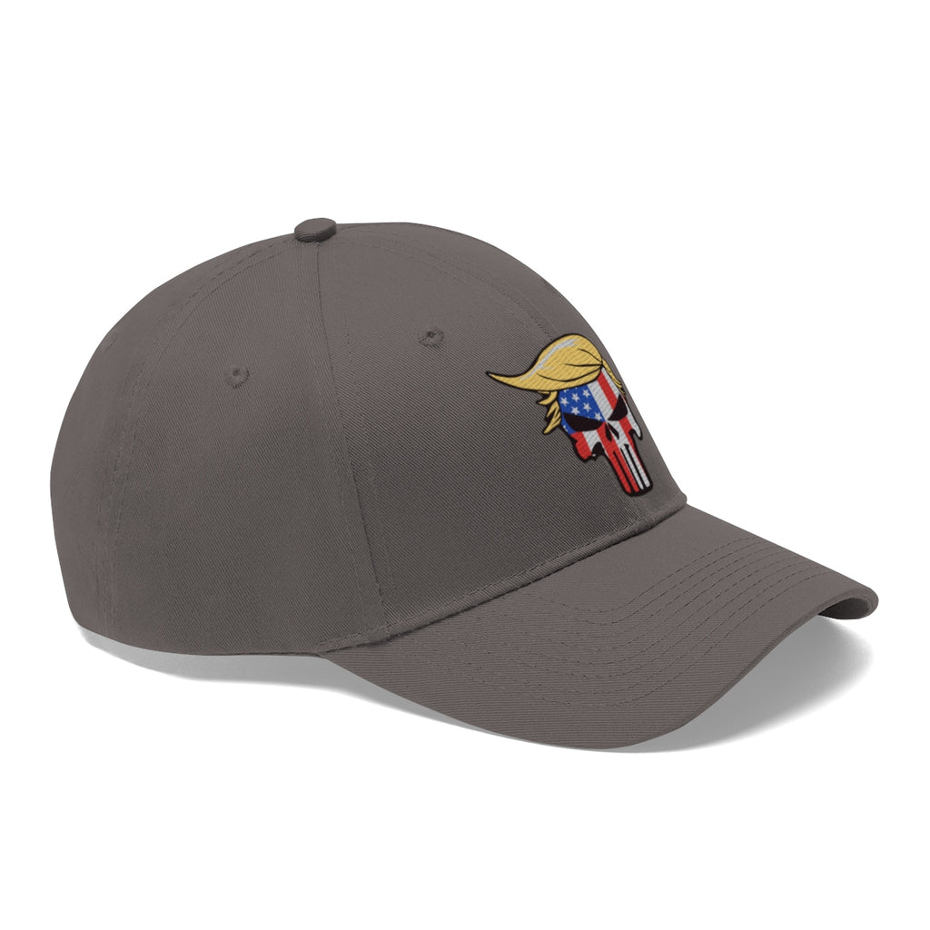 Classic Punisher Twill Cap with Trump Design featuring a unique graphic on a gray cap.