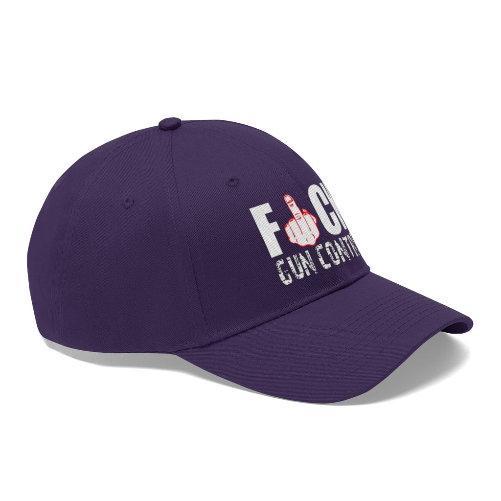 Fuck Gun Control Red Finger Twill Baseball Cap in purple with bold text and defiant graphic design.