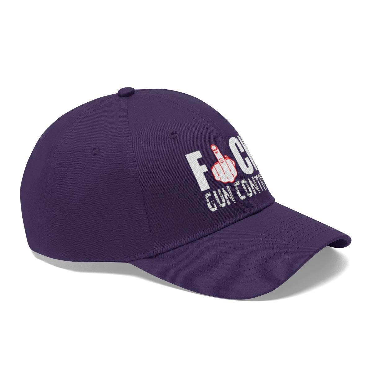 Fuck Gun Control Red Finger Twill Baseball Cap in purple with bold text and defiant graphic design.