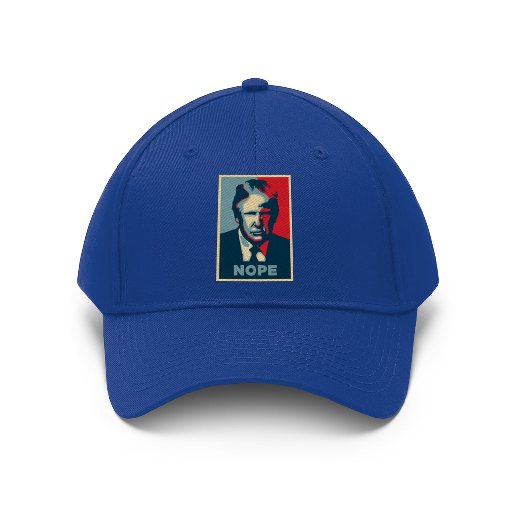 Vintage Nope Baseball Cap Inspired by Trump in blue with a red and yellow design.
