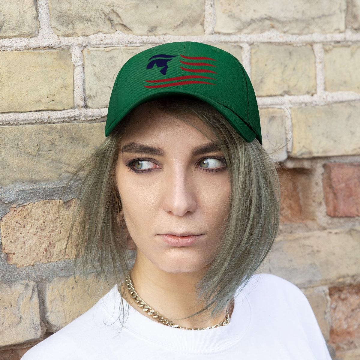 American Flag Twill Cap Trump Classic Patriotic Cap worn by model in stylish outdoor setting.