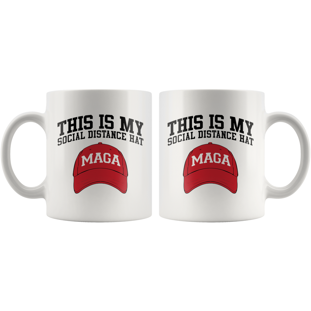 This Is My Social Distance Hat MAGA design on a white mug, featuring a red MAGA cap graphic.