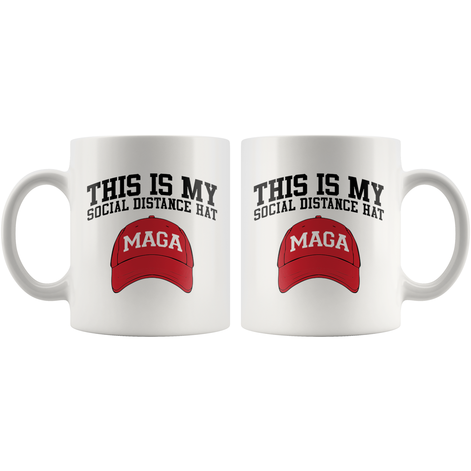 This Is My Social Distance Hat MAGA design on a white mug, featuring a red MAGA cap graphic.
