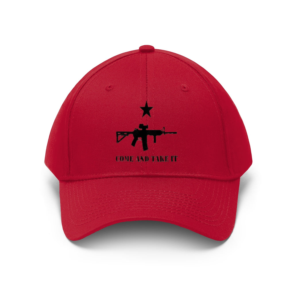 Come And Take It Star Over AR-15 Twill Cap in red featuring a black star and rifle design.
