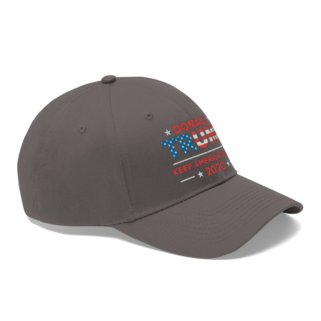 Donald Trump Keep America Great 2020 Twill Cap featuring patriotic colors and design.