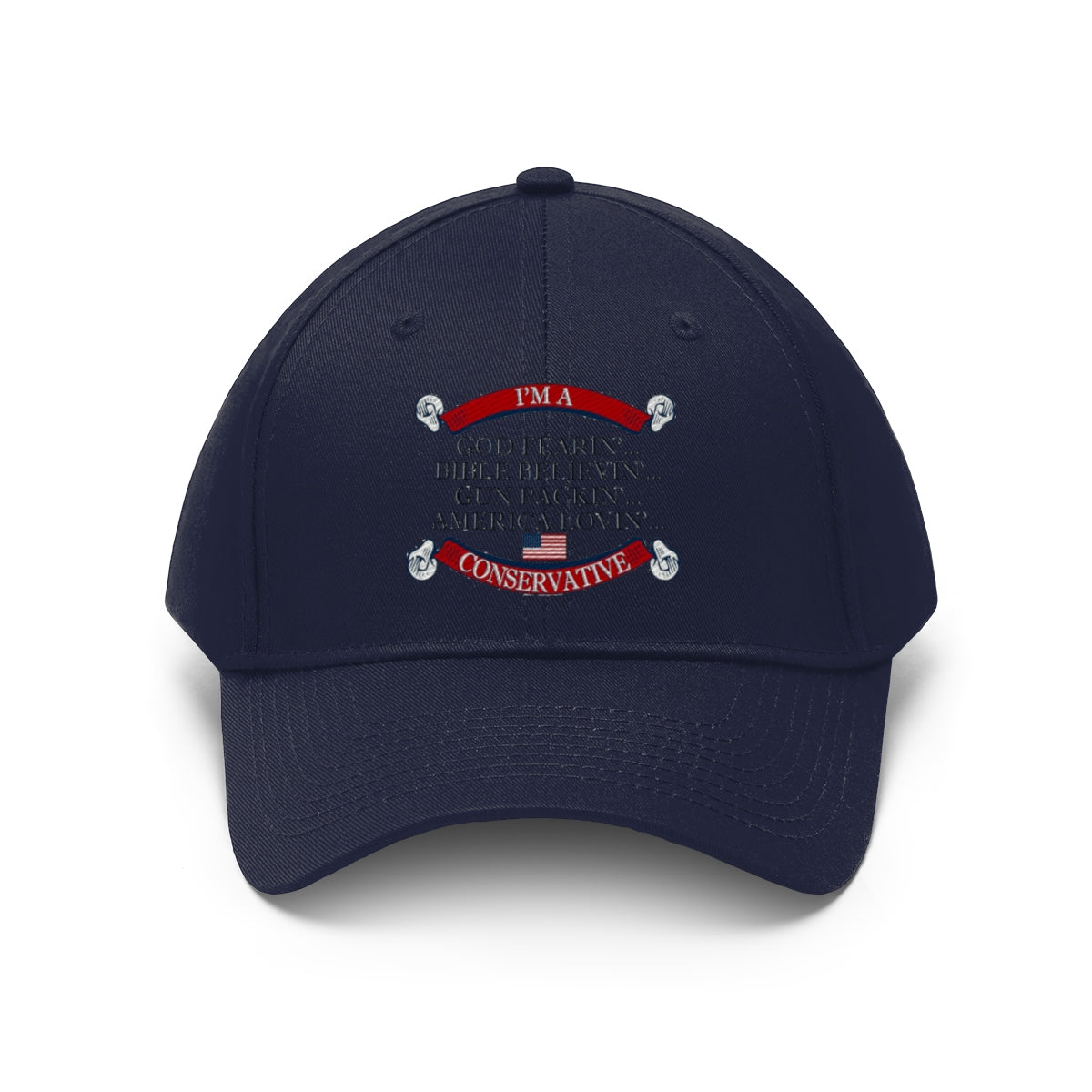 America Lovin' Conservative Twill Cap featuring a bold patriotic design with text proclaiming conservative values.