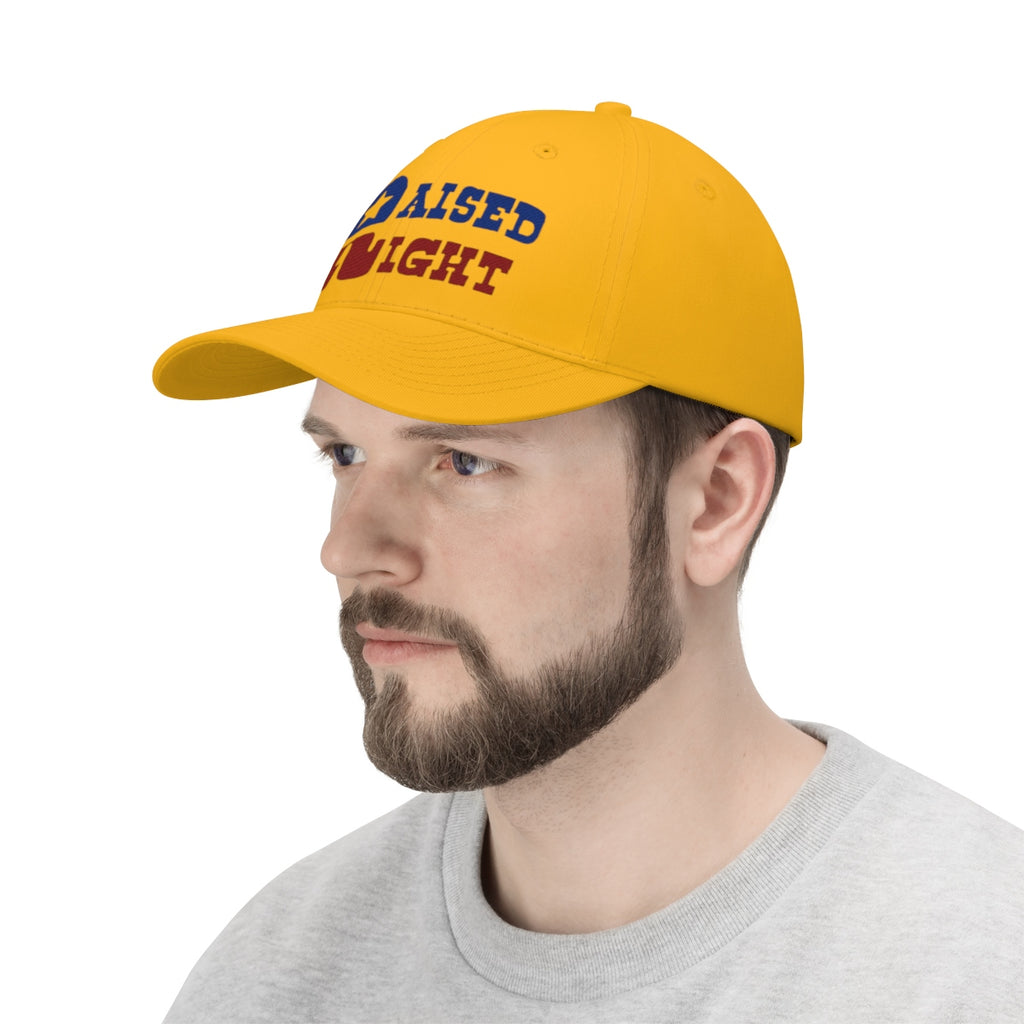 Raised Right Twill Cap Bold Values Casual Wear Cap in vibrant yellow worn by a male model.