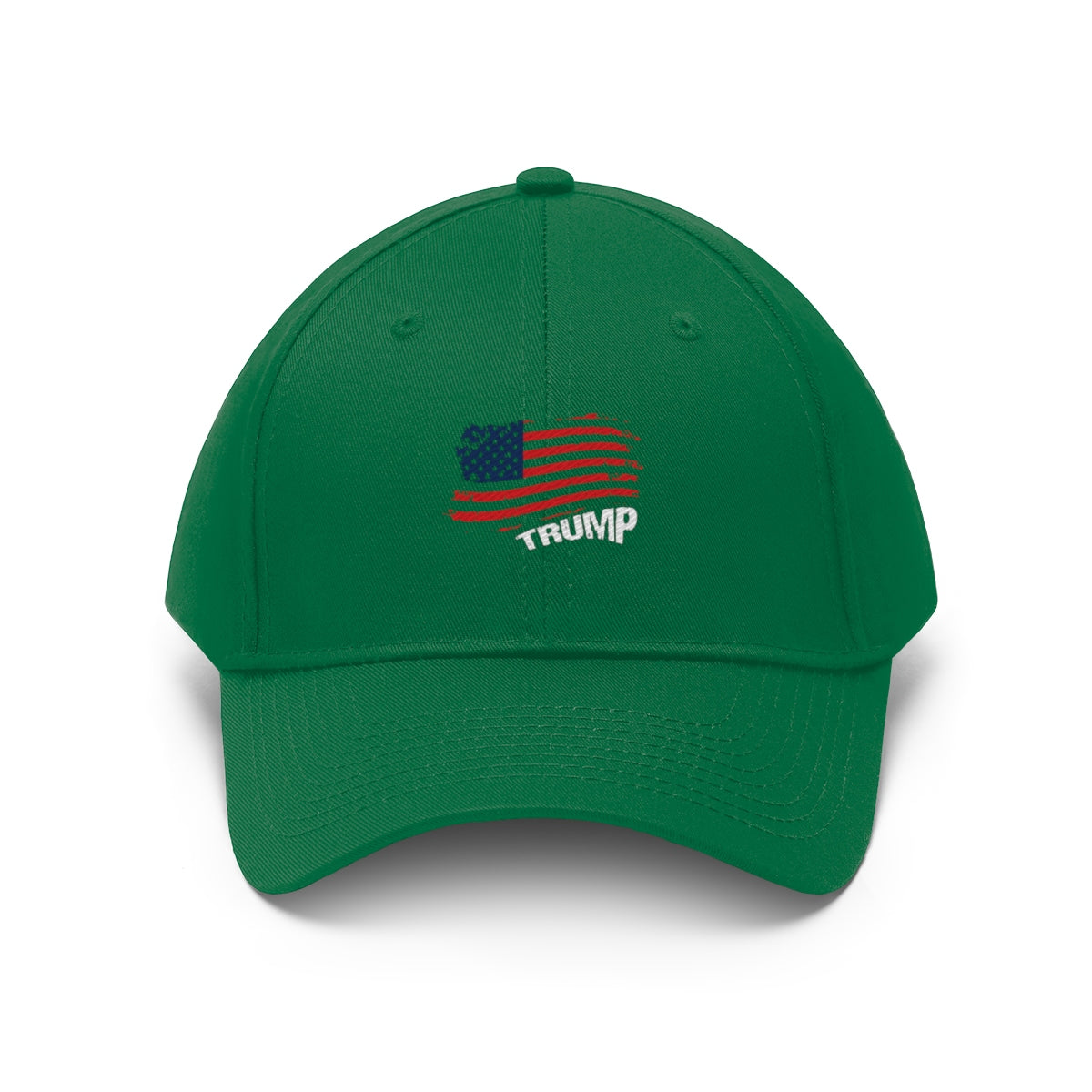 American Flag Twill Cap Trump Bold Supporter Cap featuring a green design and patriotic flag emblem.