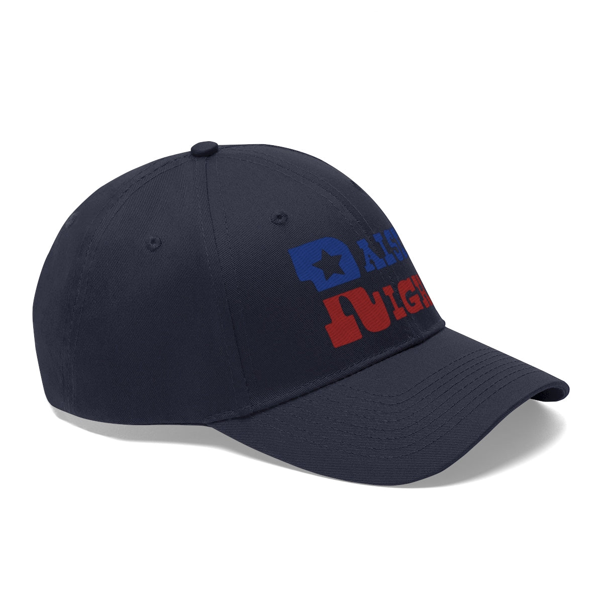 Raised Right Twill Cap Bold Values Casual Wear Cap showcasing a navy blue dad hat with stylish graphics.