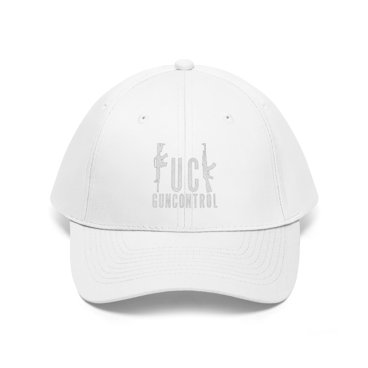 Vintage Fuck Gun Control Cotton Twill Cap with gun graphic on white background.