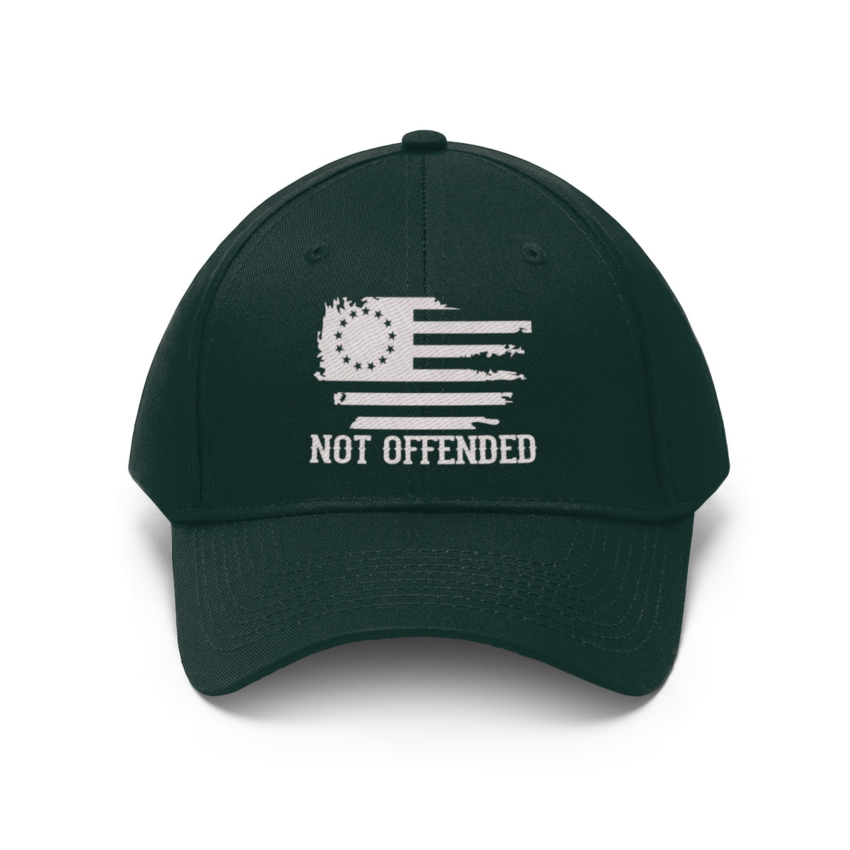 Embroidered Not Offended Adjustable Twill Cap featuring a stylized American flag design.