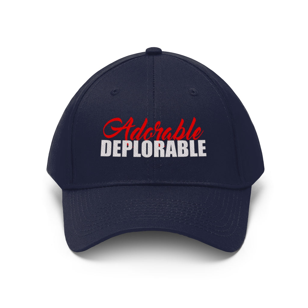 Adorable Deplorable Embroidered Twill Cap in navy with bold red and white lettering, perfect for statement fashion.