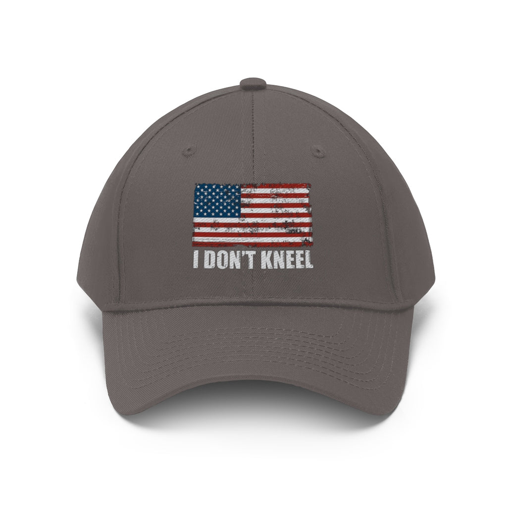 I Don't Kneel American Flag Twill Cap featuring a distressed American flag design.