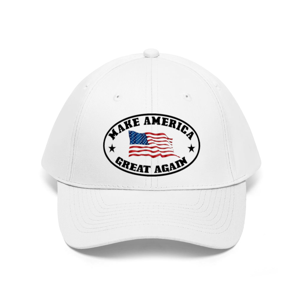 Make America Great Again US Flag Twill Cap featuring an American flag design on a white cap.