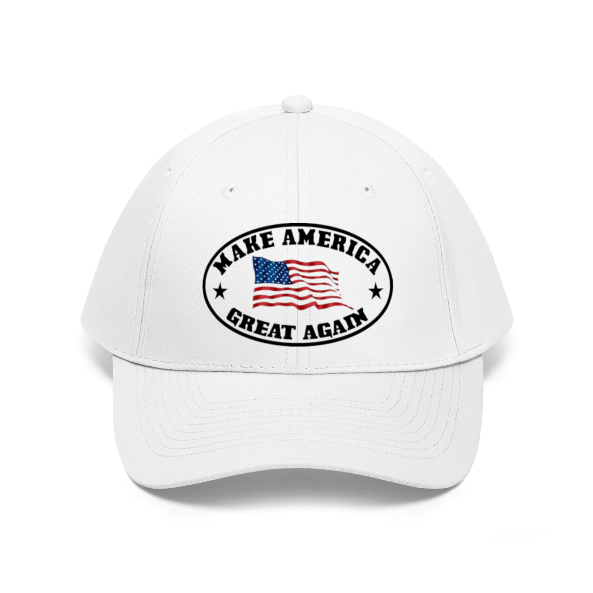 Make America Great Again US Flag Twill Cap featuring an American flag design on a white cap.