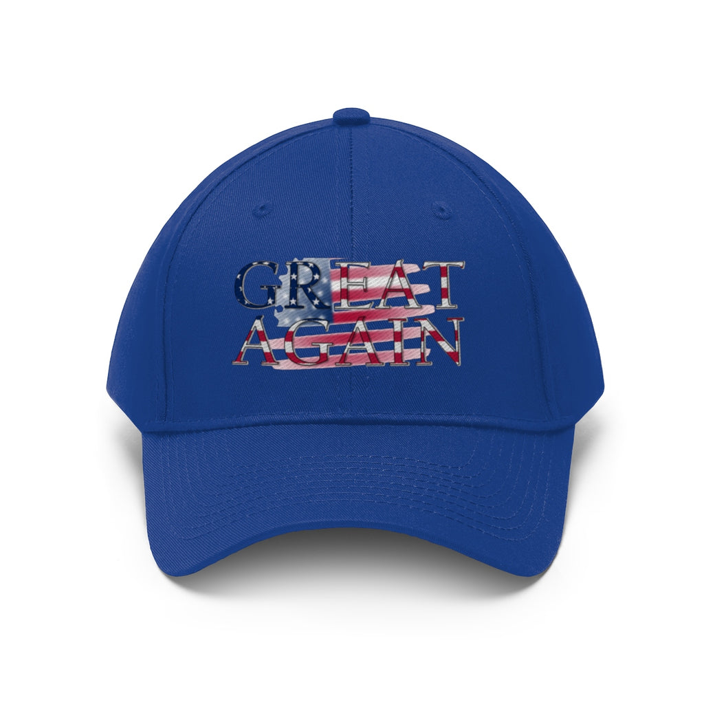 Great Again On Faded American Flag Twill Cap in blue with American flag design on front.
