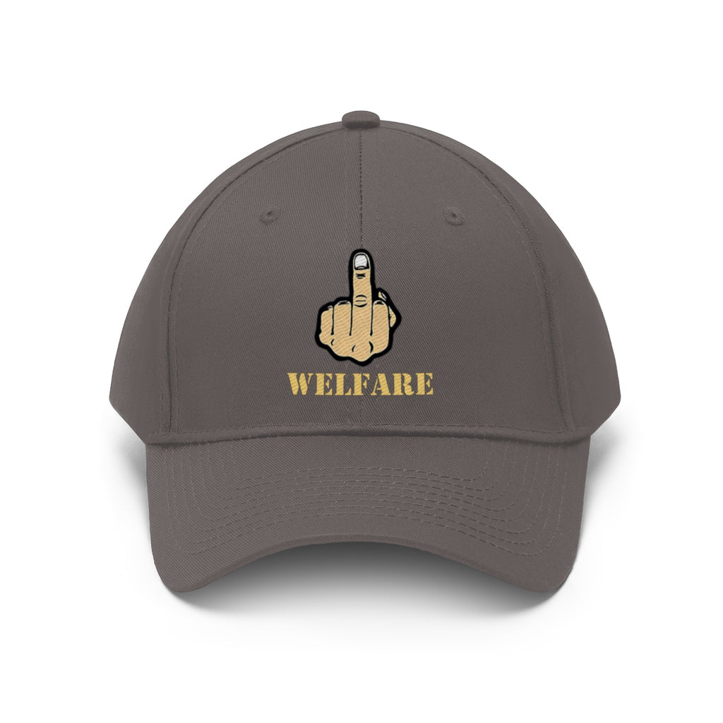 Vintage Fuck Welfare Cotton Twill Cap Design with bold finger gesture and welfare text