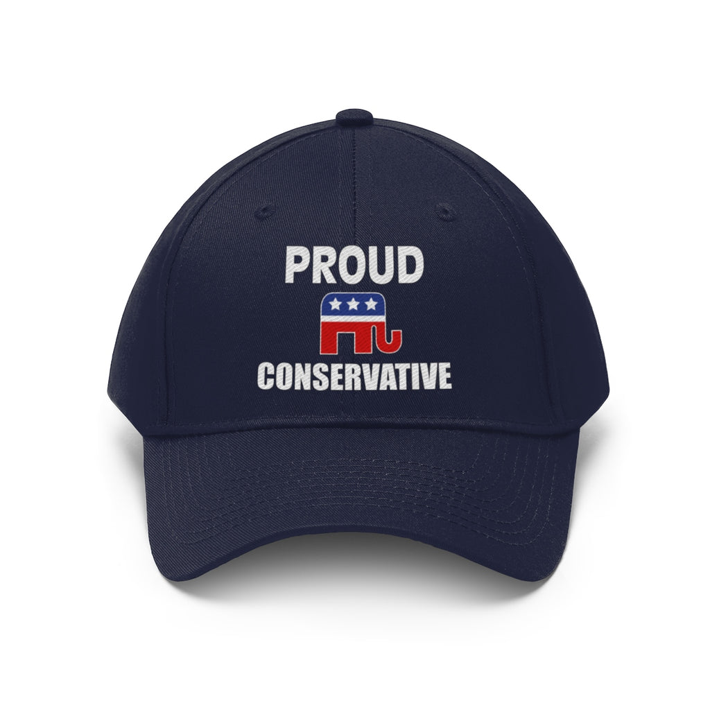 Classic Proud Conservative Twill Baseball Cap featuring a patriotic design with text 'PROUD CONSERVATIVE'.