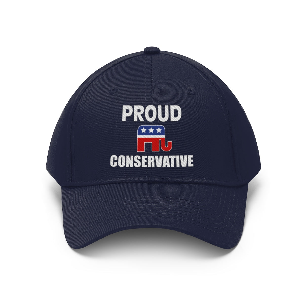 Classic Proud Conservative Twill Baseball Cap featuring a patriotic design with text 'PROUD CONSERVATIVE'.