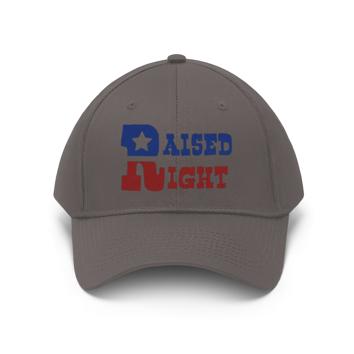 Raised Right Twill Cap Bold Values Casual Wear Cap featuring bold lettering in red and blue on a gray background.