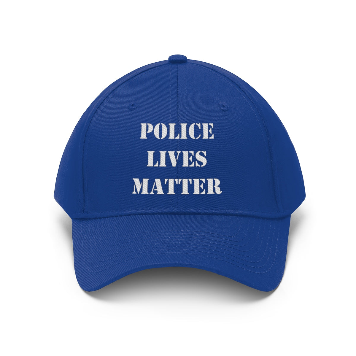 Embroidered Police Lives Matter Twill Cap in blue with bold lettering for law enforcement supporters.