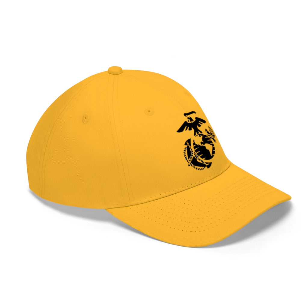 USMC Symbol Twill Cap Marine Corps Pride Hat featuring a black emblem on a yellow cap.