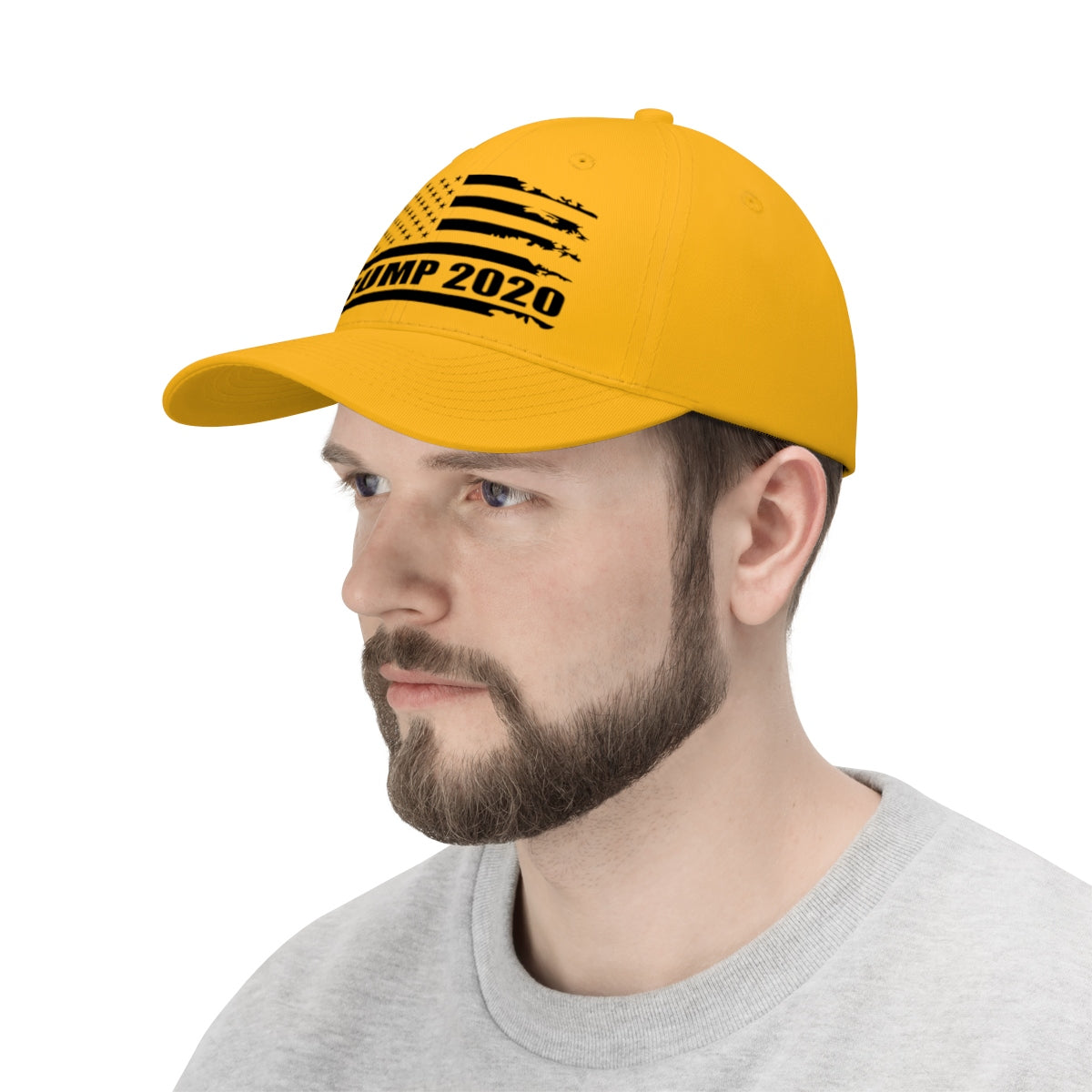 2020 Twill Cap Trump Bold Supporter Cap worn by a man, featuring a yellow design with Trump 2020 text.