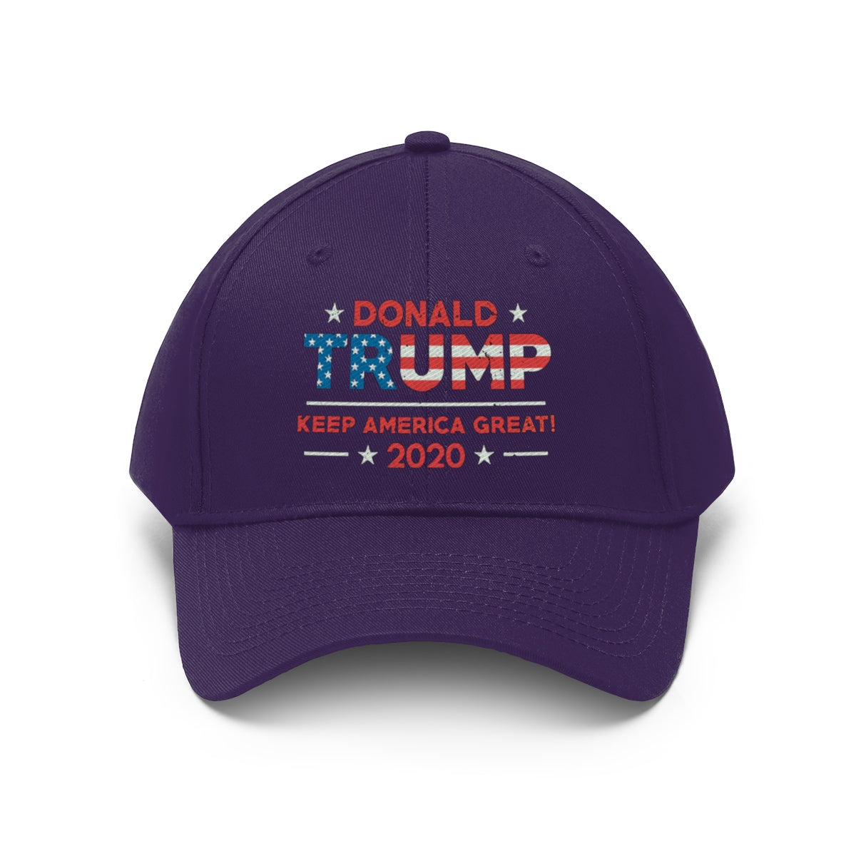 Donald Trump Keep America Great 2020 Twill Cap featuring patriotic design and campaign slogan.