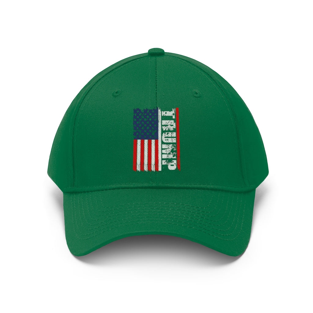 Trump On Verticle Distressed American Flag Twill Cap featuring a vibrant green design and patriotic graphics.