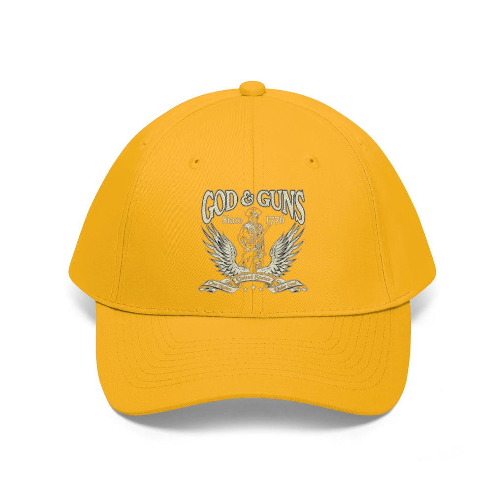 God And Guns Since 1776 Twill Cap in yellow with eagle design, symbolizing American values and heritage.