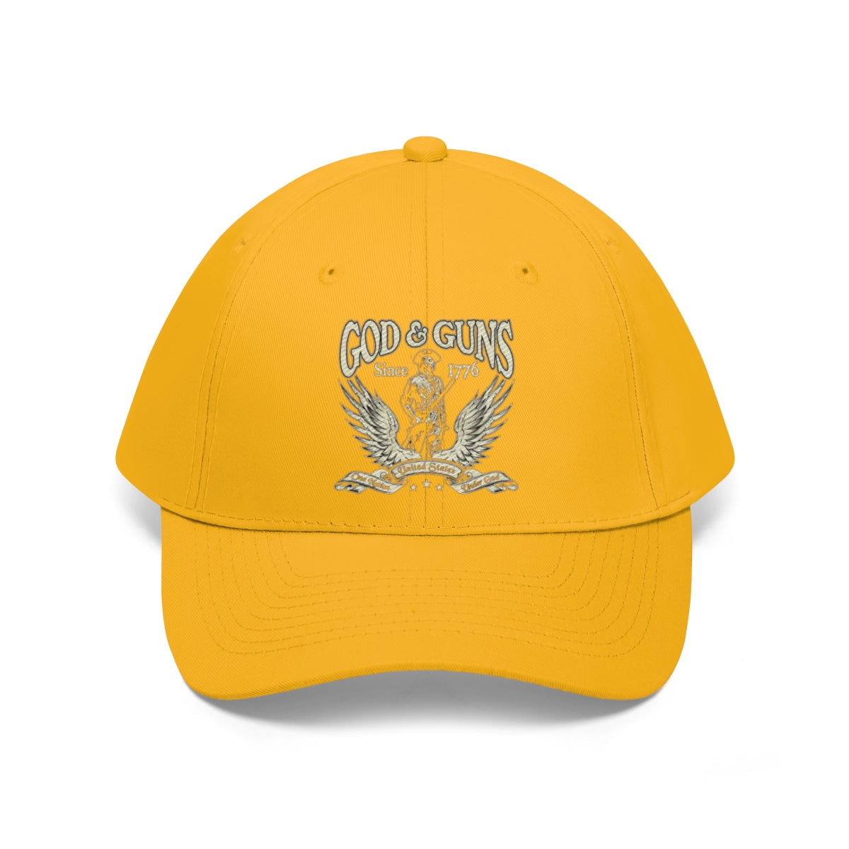 God And Guns Since 1776 Twill Cap in yellow with eagle design, symbolizing American values and heritage.