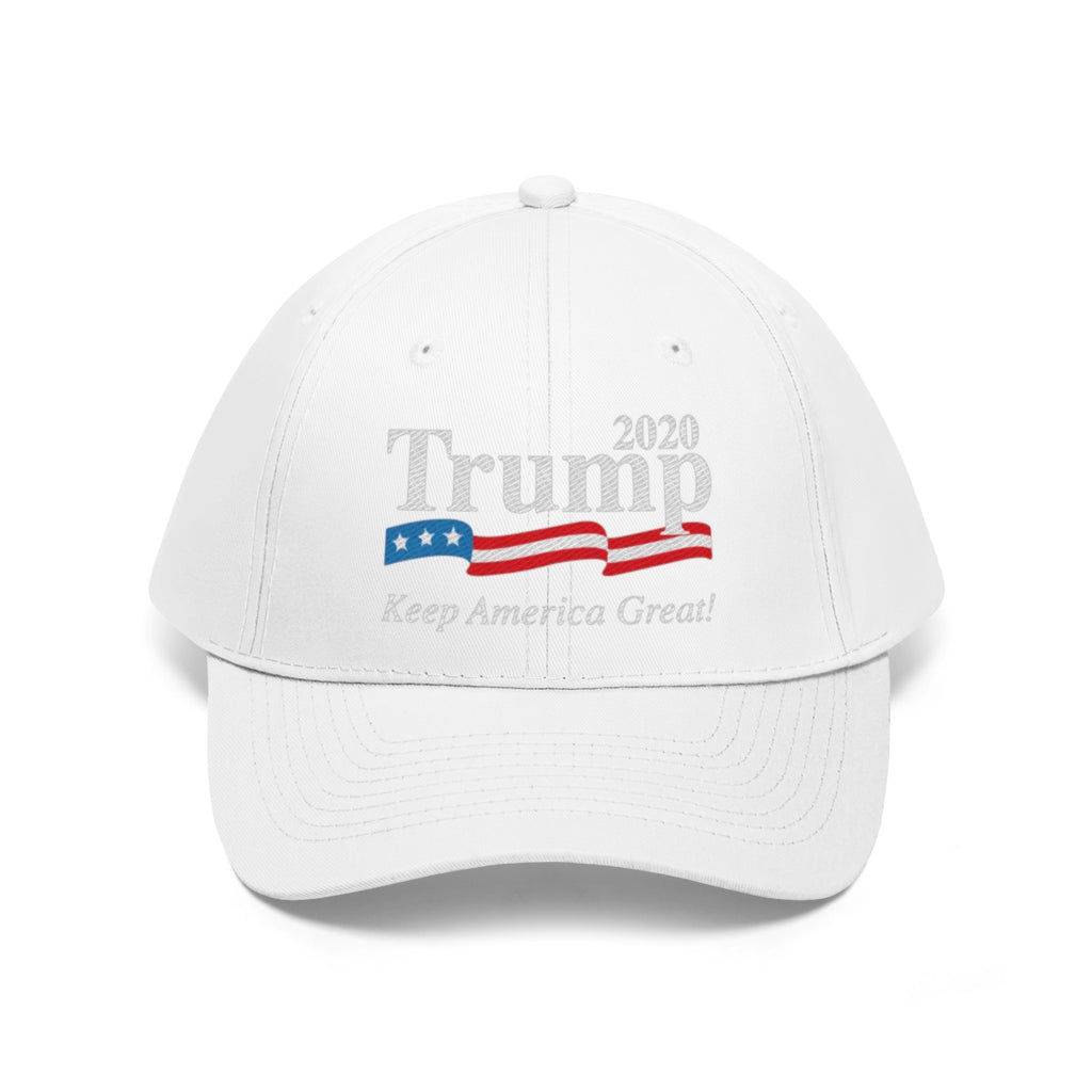 Trump 2020 Keep America Great Twill Cap with American flag design on a white baseball hat.