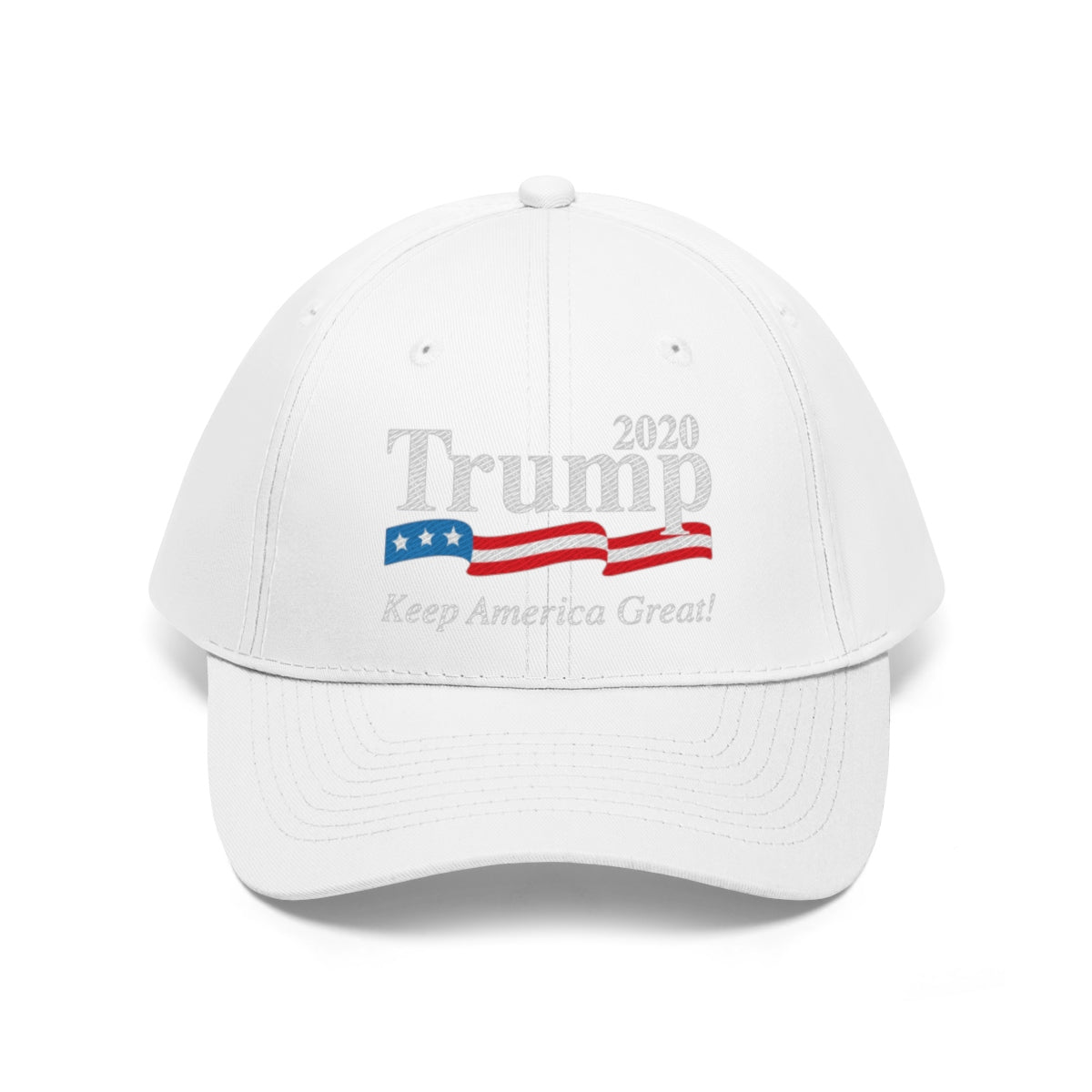 Trump 2020 Keep America Great Twill Cap with American flag design on a white baseball hat.