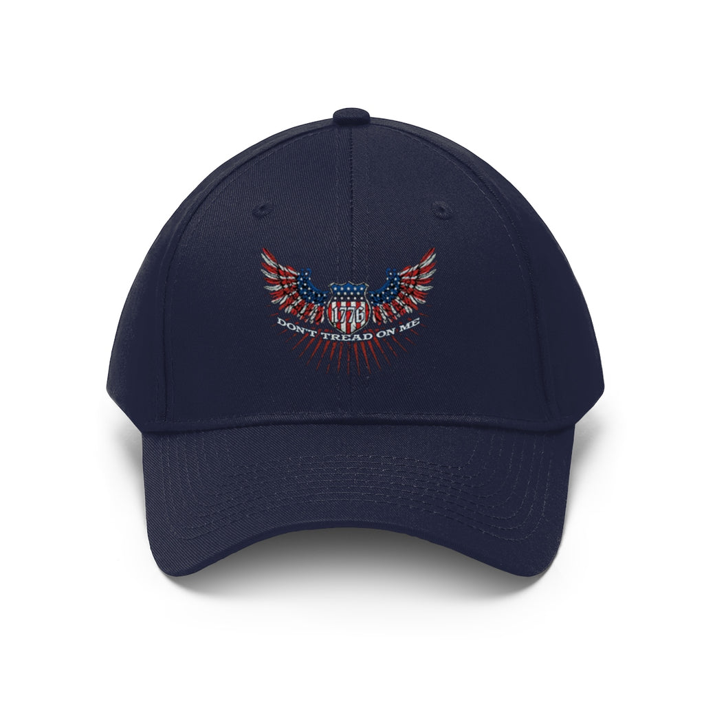 Don't Tread On Me 1776 Eagle American Flag Twill Cap navy blue hat with eagle design.