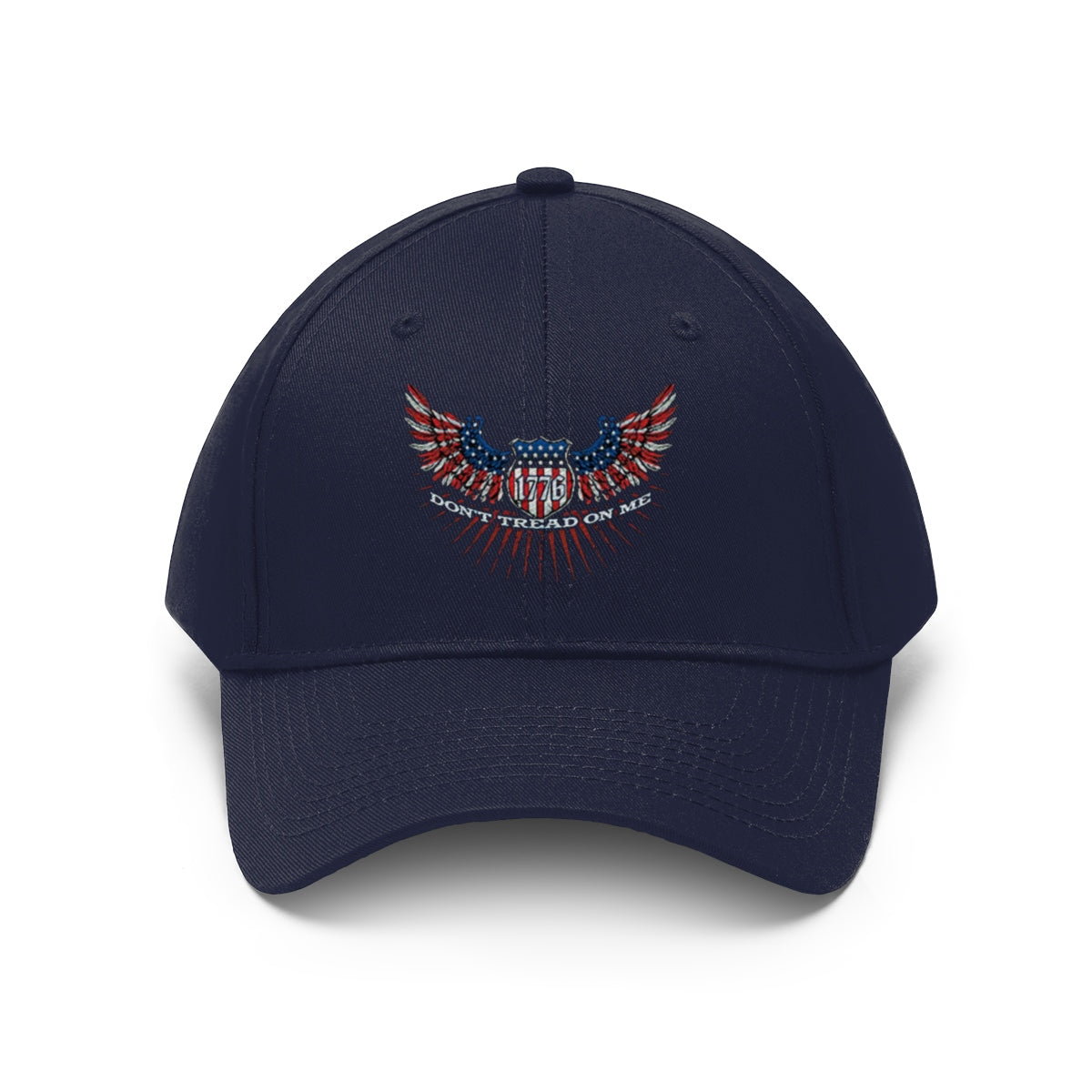 Don't Tread On Me 1776 Eagle American Flag Twill Cap navy blue hat with eagle design.