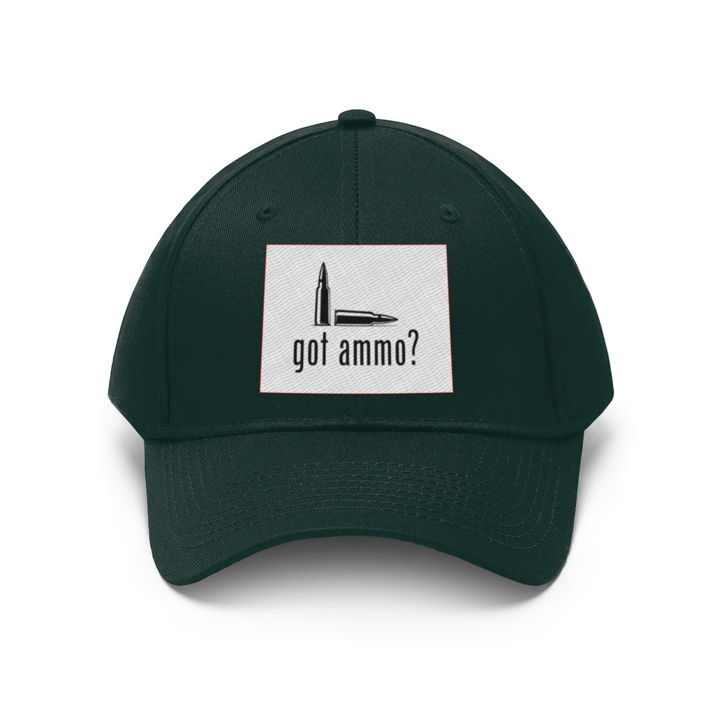 Got Ammo Twill Cap Funny Tactical Style Cap featuring a bullet graphic and humorous text on a dark green dad hat.