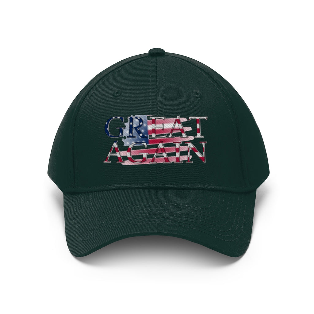 Great Again On Faded American Flag Twill Cap featuring a patriotic design with an American flag.
