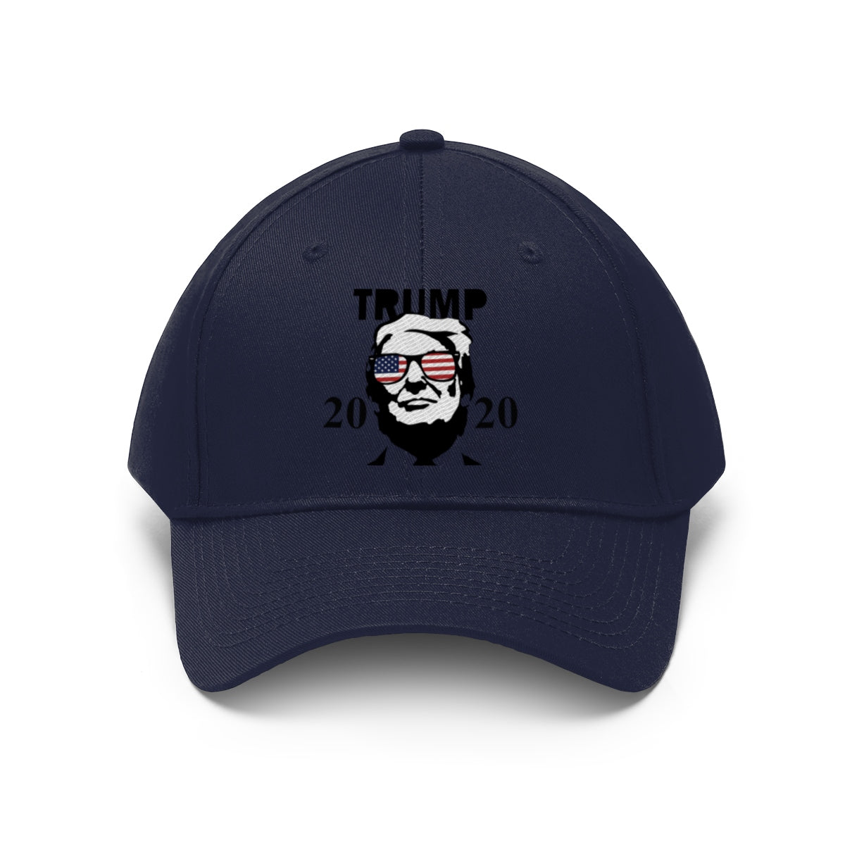 Trump 2020 With US Flag Glasses Twill Cap featuring a presidential design on a navy blue cap.