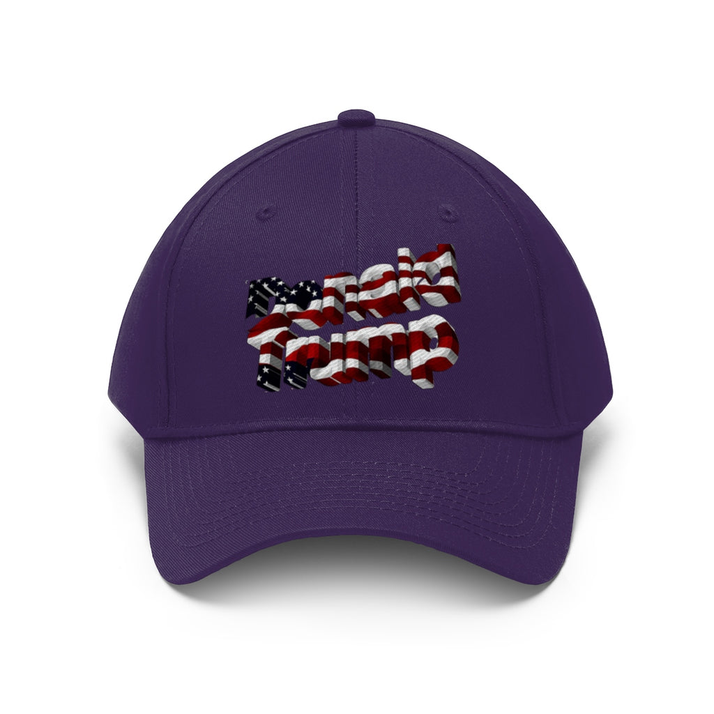 Donald Trump With American Flag Colors Twill Cap featuring a purple design and American flag colors.